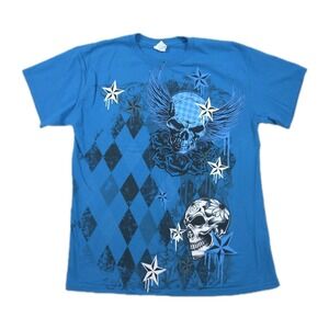 Vintage Skull T Shirt Mens Large Y2K Wings Stars Affliction Style